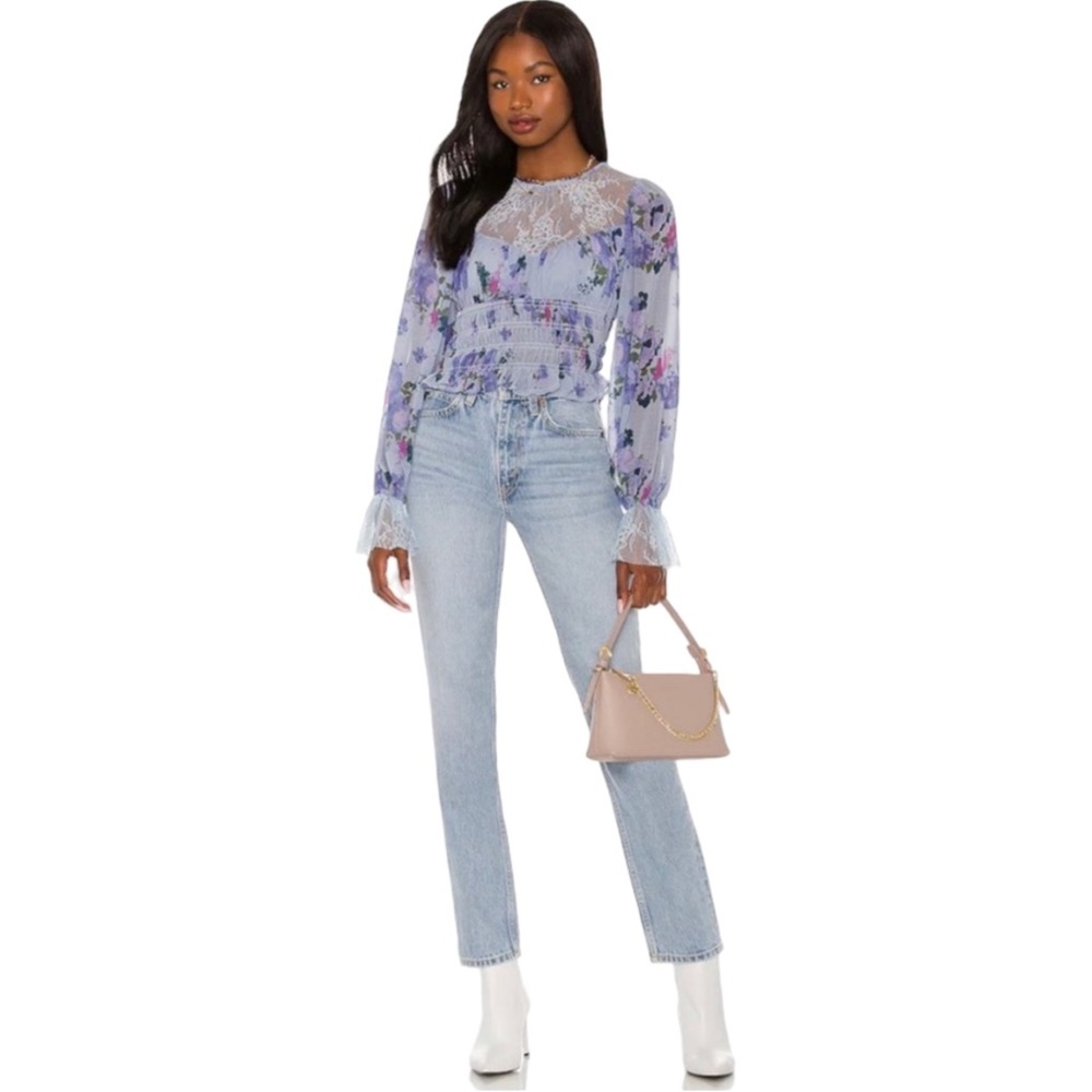 Free People Daphne Floral Lace Blouse Blue Combo NWT Small - Picture 12 of 13